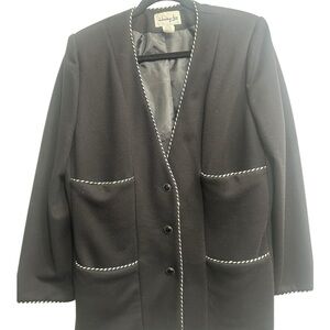 HENRY LEE VINTAGE BLAZER WOMEN’S SIZE 16 BLACK WHITE TRIM POCKETS BUTTON FRONT
